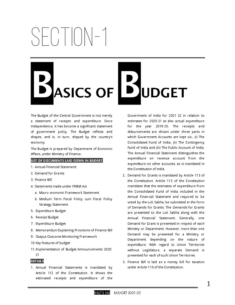 Rau's Ias - Gist Of Budget - 2020-2021 - English Medium - Notesindia